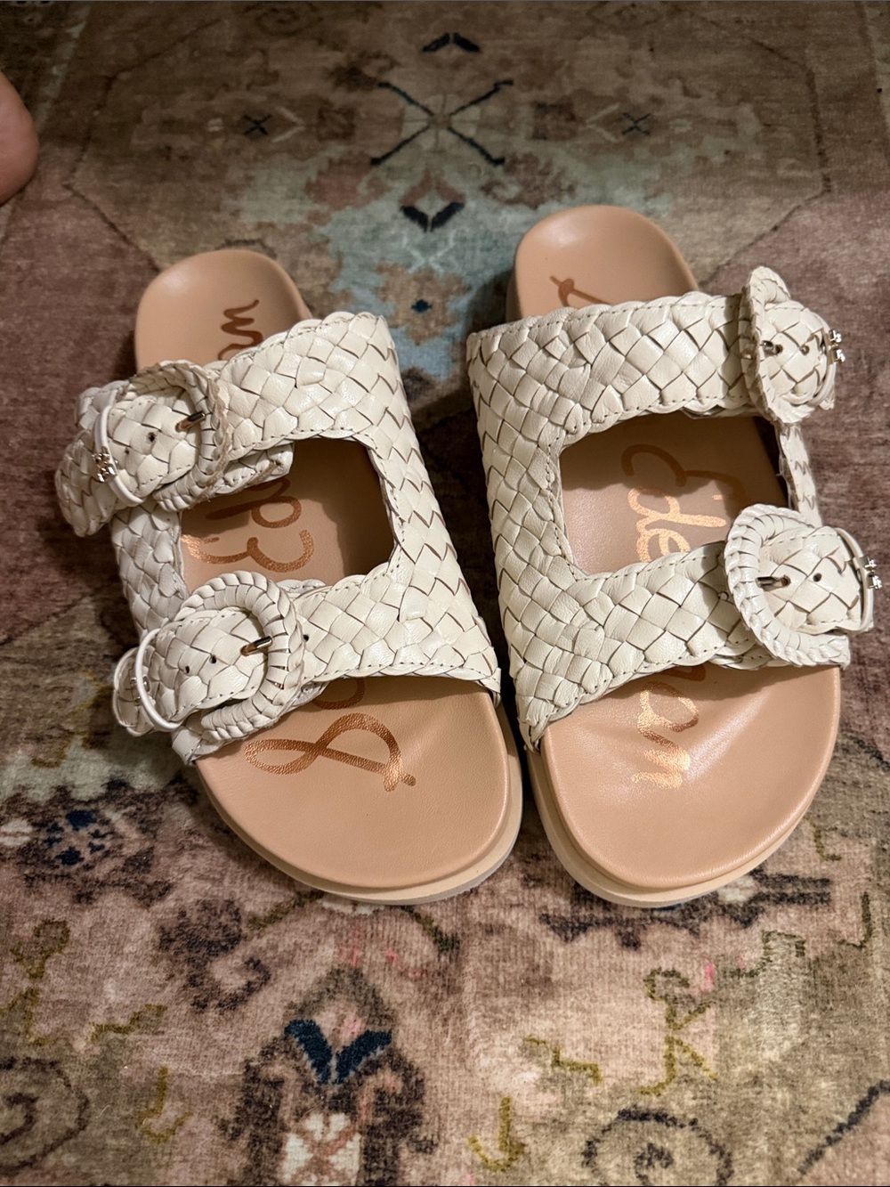 Sam Edelman Cream Woven Double-Buckle Slide Sandals